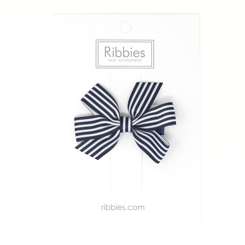 Medium Striped Bow Hair Clip Navy Blue Girl - Barrette Anti-Glisse Noeud Moyen Fille Bleu Marine