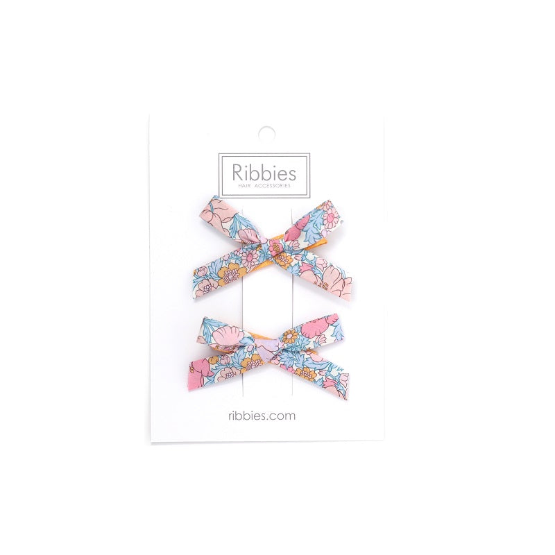 Pair of Schoolgirl Bows made of Liberty print Meadow Song Pink - Barrettes anti-glisse fille Liberty Meadow Song Rose