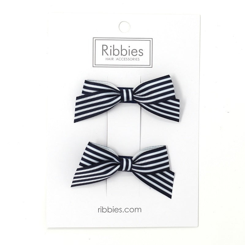 Paire de Barrettes à Nœud Rayé - Bleu Marine