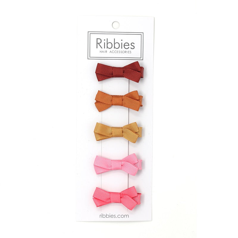 Set of 5 Small Bows - Plain - Pink & Mustard