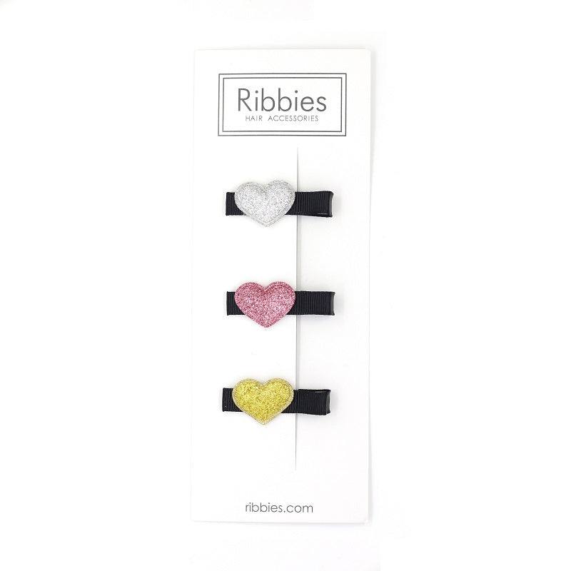 Sparkly Hearts on Black Hair Clips - Pink and Gold - Set of 3