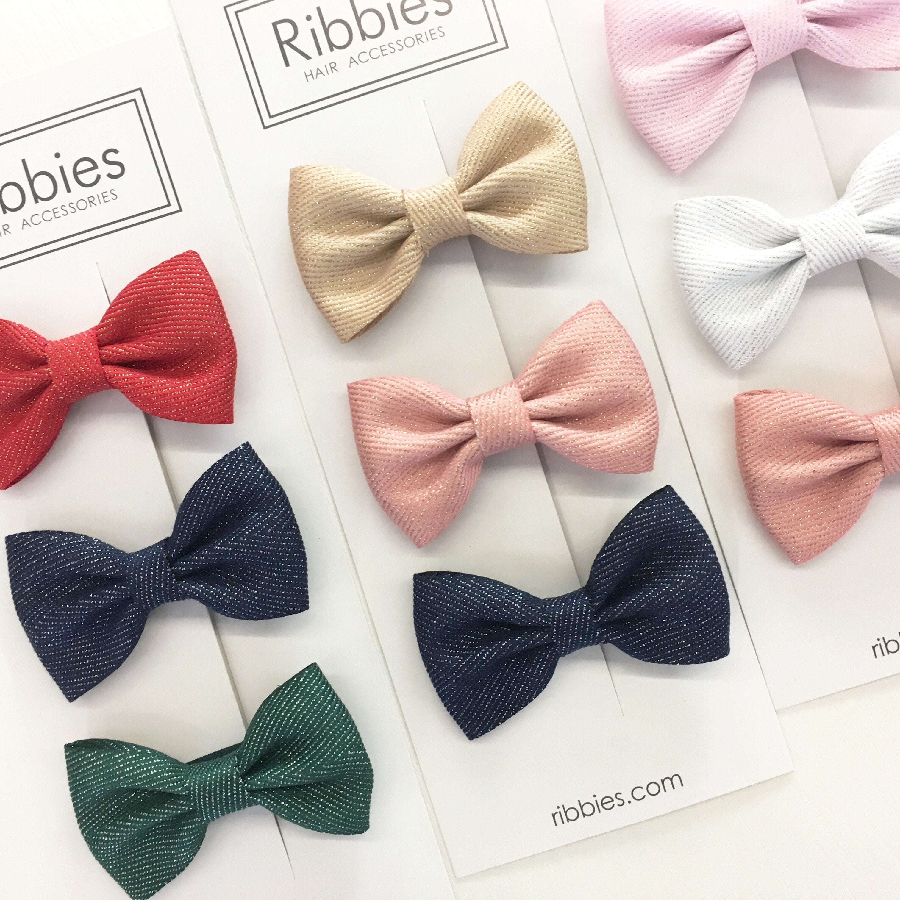 Set Of 3 Sparkly Bow Tie Hair Clips - Red, Gold and Navy