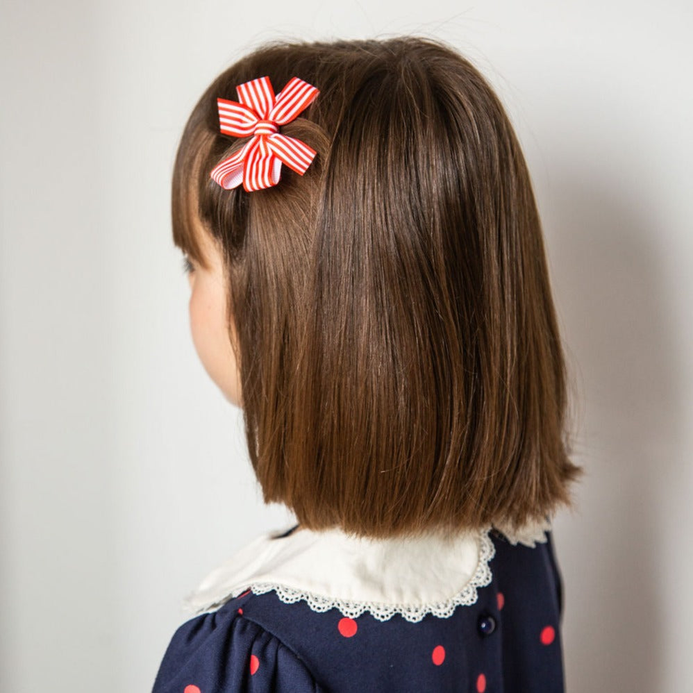 Medium Striped Bow Hair Clip Red  Girl - Barrette Anti-Glisse Noeud Moyen Rayé Fille Rouge