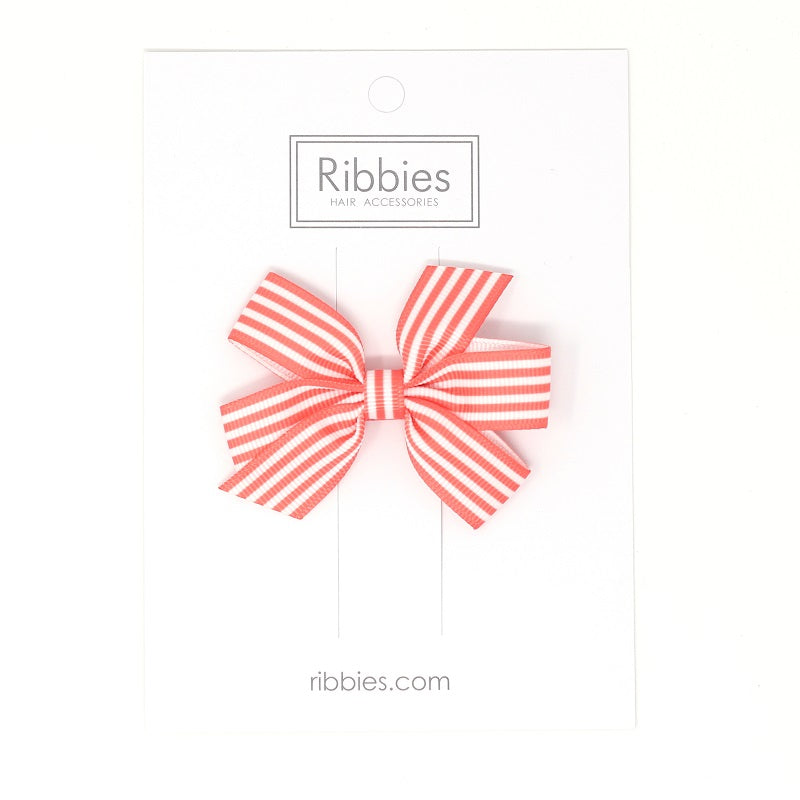Medium Striped Bow Hair Clip Orange Coral Girl - Barrette Anti-Glisse Noeud Moyen Fille Orange