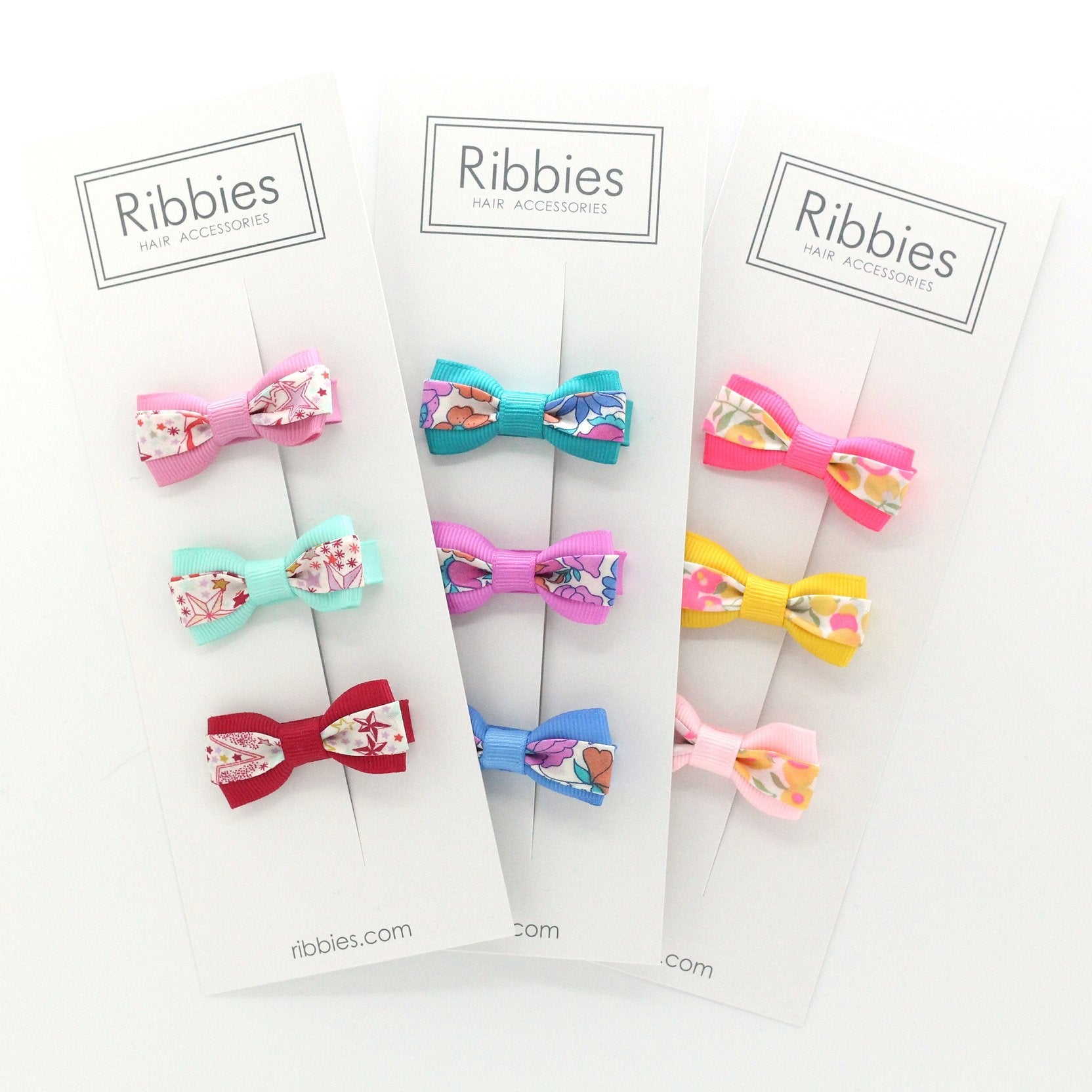 Set of 4 mini bow ties in Liberty print Meadow Song Mustard - Barrettes anti-glisse fille Liberty Meadow Song Jaune et Vert