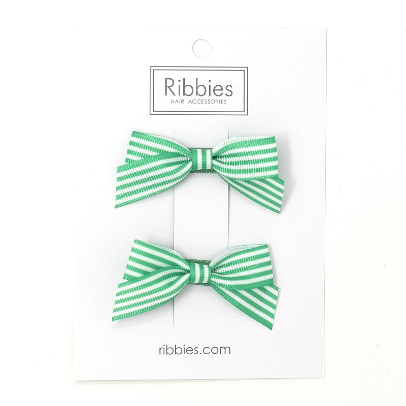 Pair of Striped Bow Hair Clip Aqua Girl - Paire de Barrette anti-glisse noeud moyen fille vert d'eau