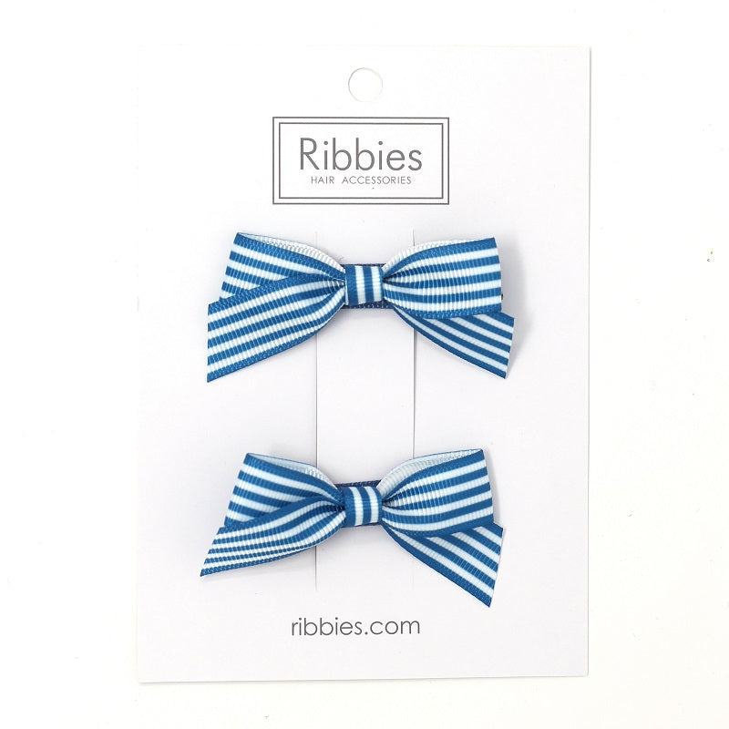 No Slip Striped Bow Hair Clip Turquoise Blue Girl - Barrette anti-glisse noeud moyen fille bleu turquoise