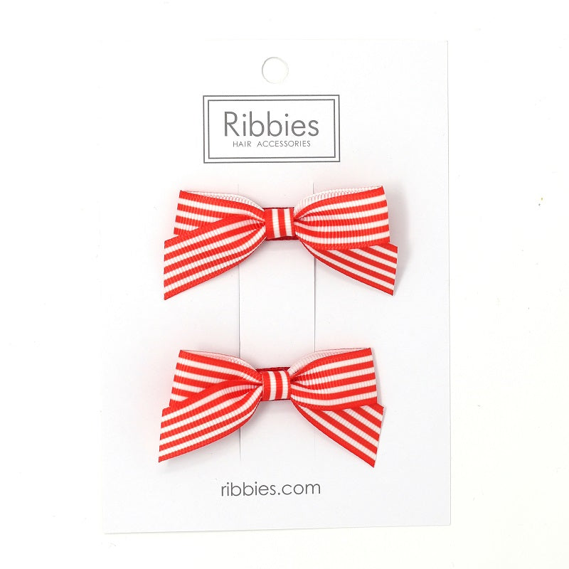 No Slip Striped Bow Hair Clip Red Girl - Barrette anti-glisse noeud moyen fille rouge