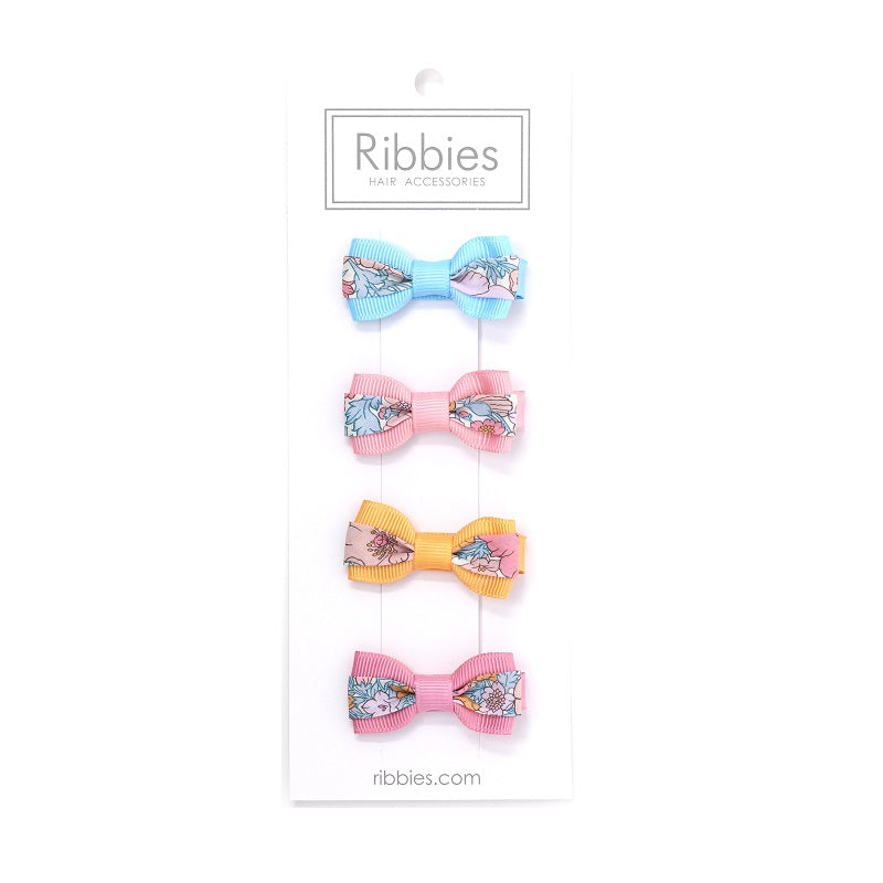 Set of 4 mini bow ties in Liberty print Meadow Song Pink - Barrettes anti-glisse fille Liberty Meadow Song Rose