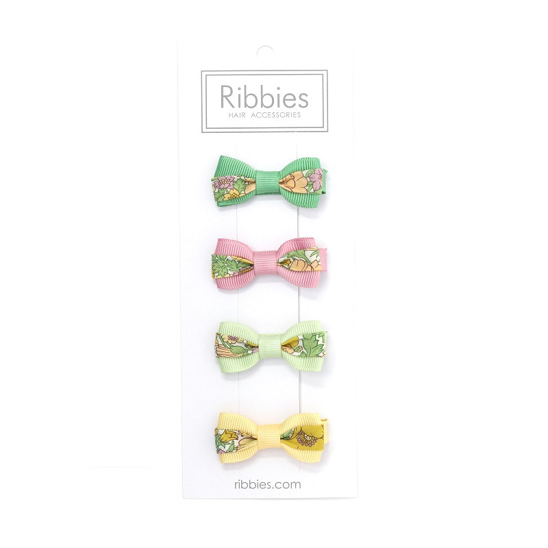 Set of 4 mini bow ties in Liberty print Meadow Song Mustard - Barrettes anti-glisse fille Liberty Meadow Song Jaune et Vert