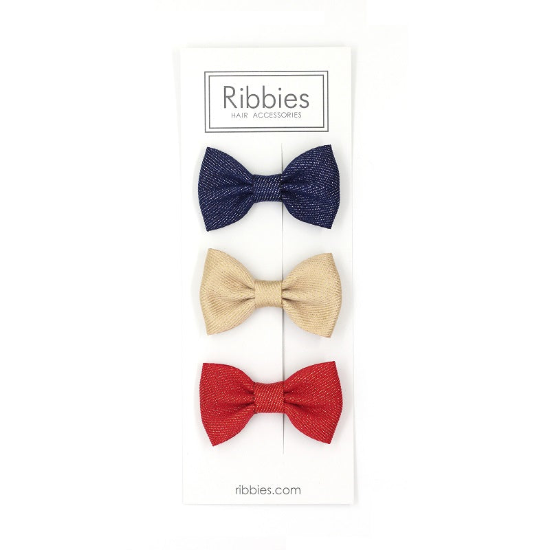 Set Of 3 Sparkly Bow Tie Hair Clips - Red, Gold and Navy