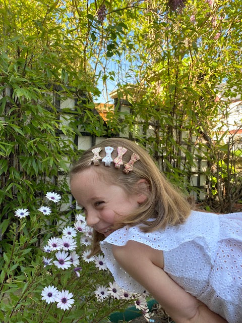 Small Bow Hair Clip Set of 9 - Striped - Pink & Brown