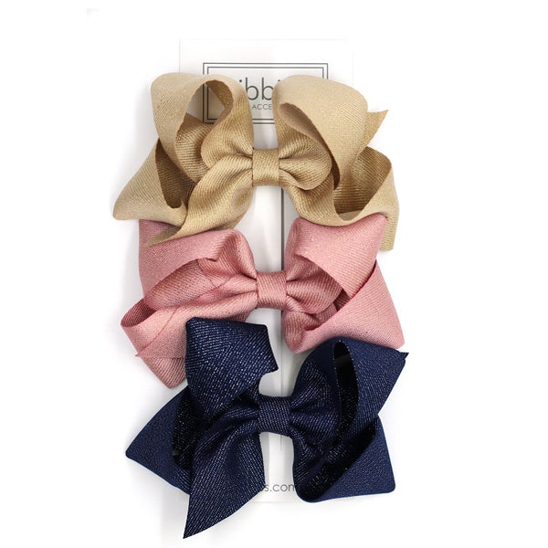 Extra Large Sparkly Hair Bows - Gold, Pink and Navy - Set of 3