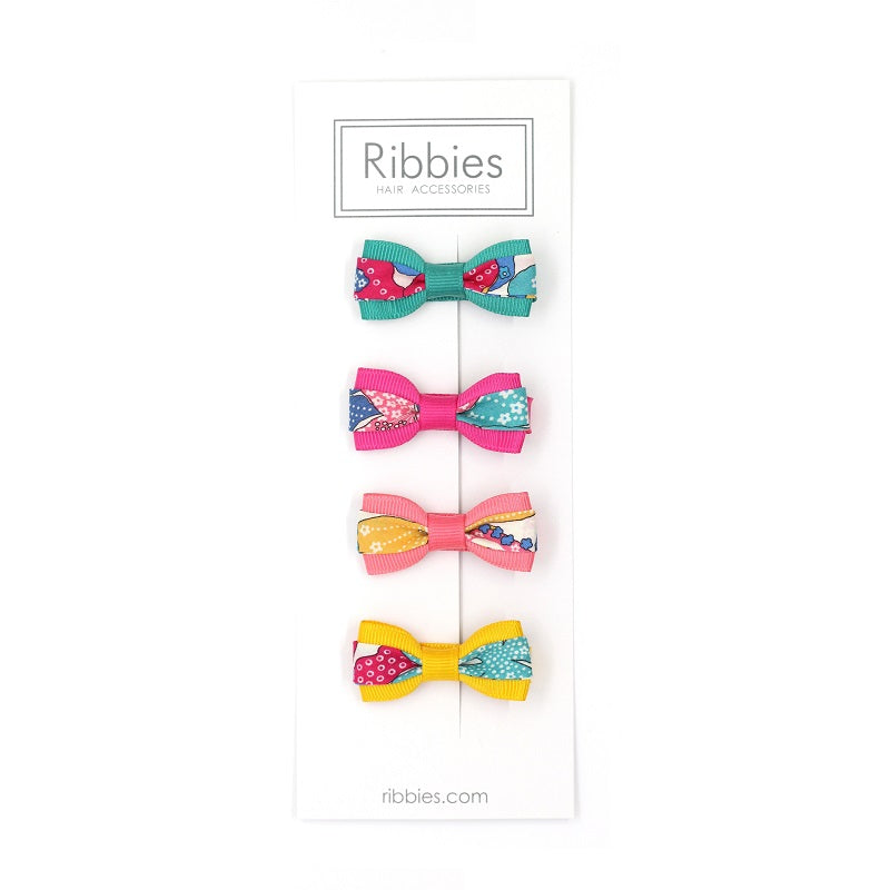 Set of 4 Liberty Bows - Mauvey Turquoise Pink and Yellow