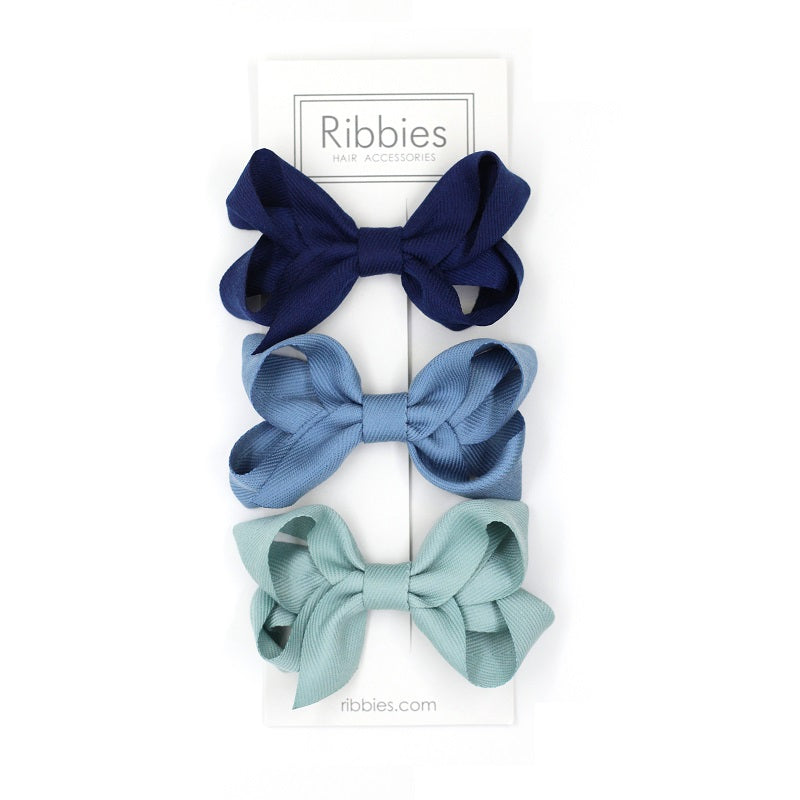Medium Looped Hair Bows - Navy, French Blue & Aqua - Set of 3