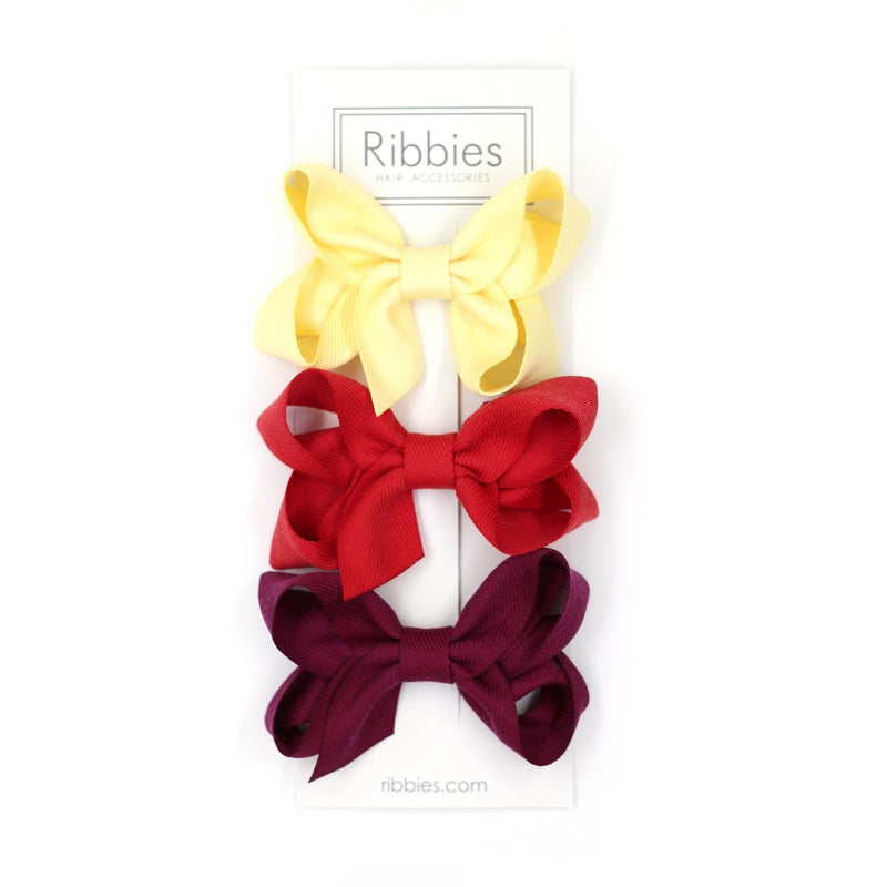 Medium Looped Hair Bows - Yellow, Red & Burgundy - Set of 3