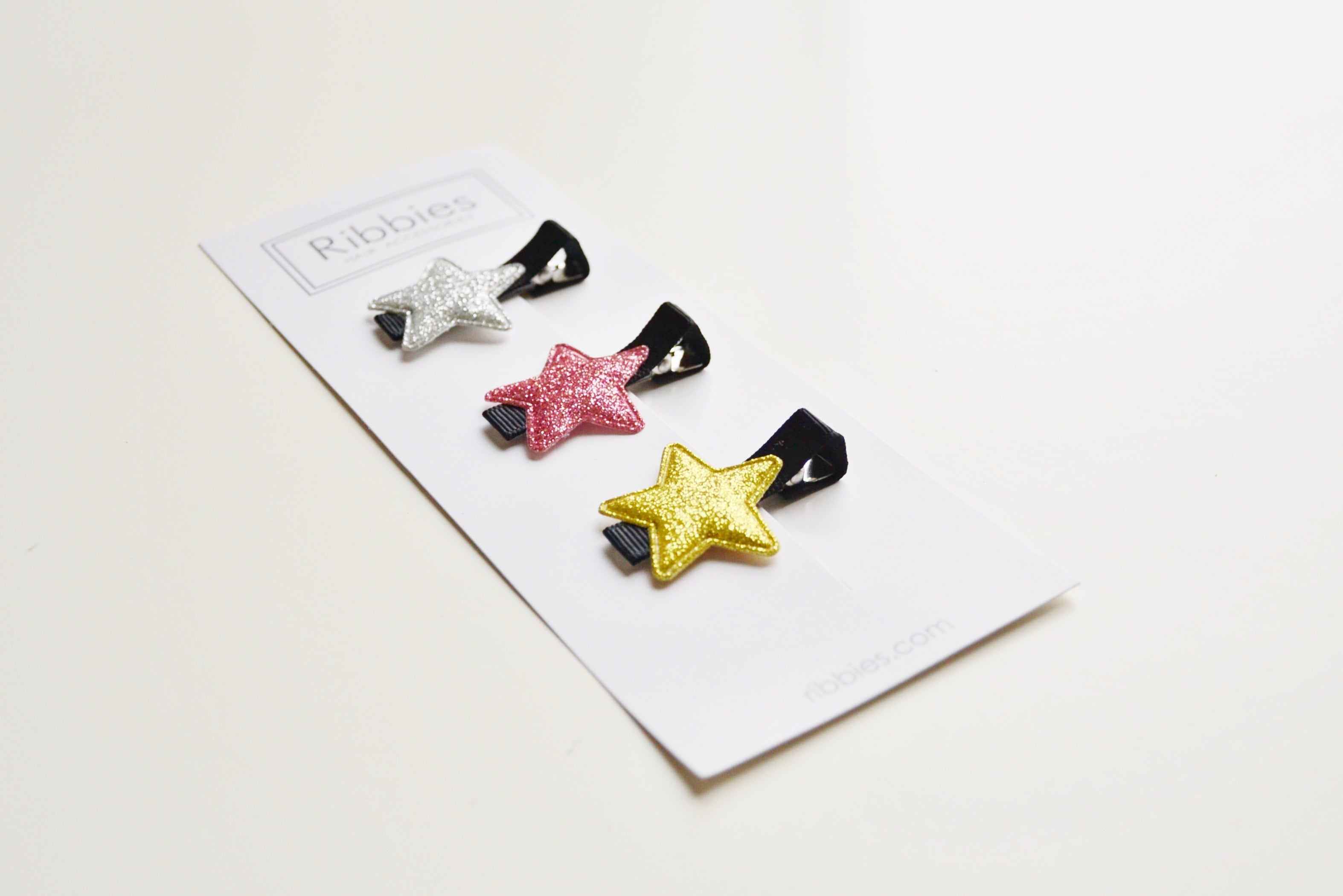 Sparkly Stars on Black Hair Clips - Pink and Gold - Set of 3