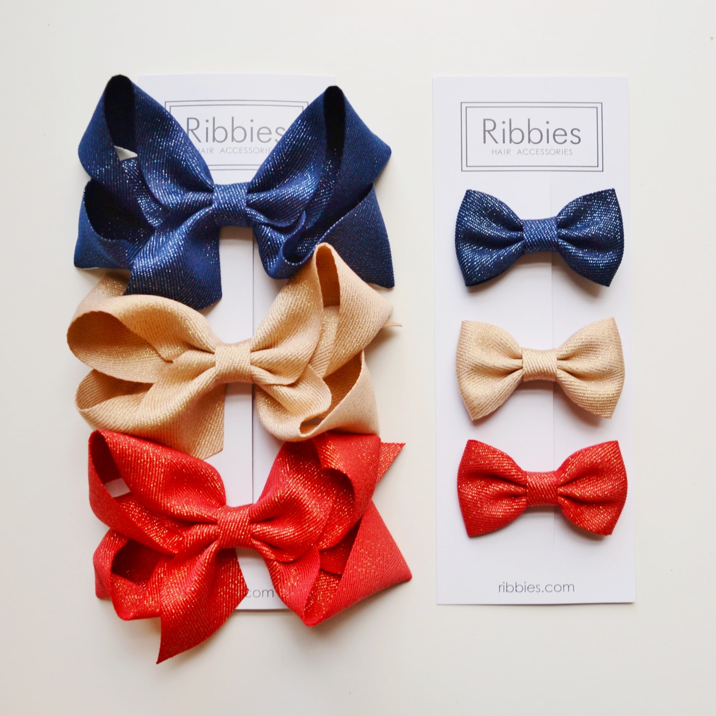 Extra Large Sparkly Hair Bows - Navy, Gold & Red - Set of 3