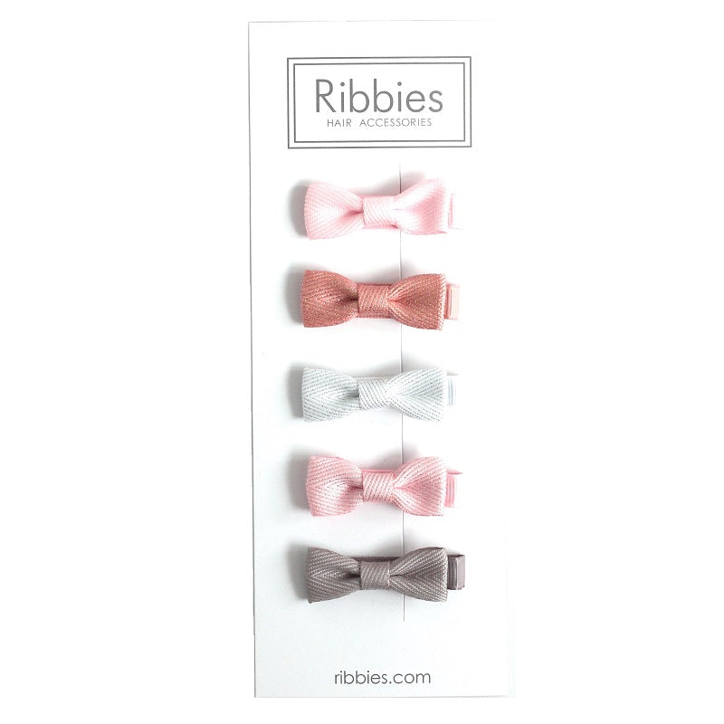 Set of 5 Baby Bow Hair Clips in pastel colours with a non slip grip. Barrettes anti-glisse bébé couleurs pastel rose, gris, blanc et pailletées