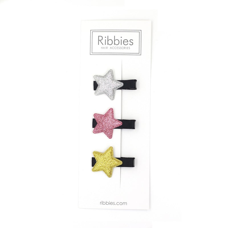 Sparkly Stars on Black Hair Clips - Pink and Gold - Set of 3