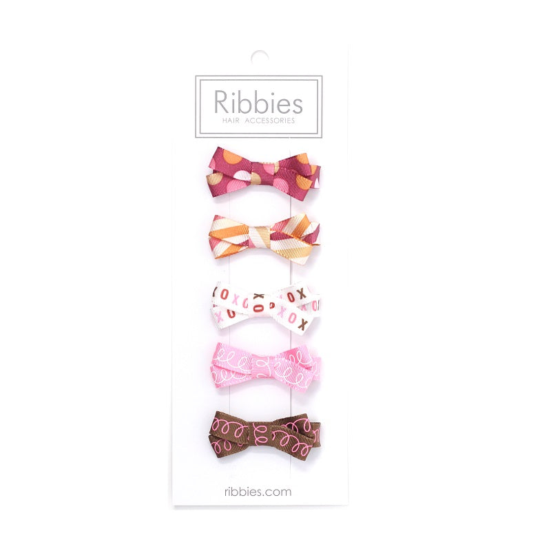 Set of 5 Small Bows - Pink and Mustard
