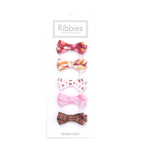 Small Bow Hair Clip Set of 5 - Pink and Mustard